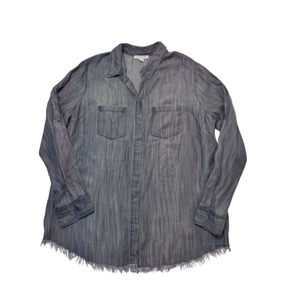Beachlunchlounge‎ Womens XL Gray Lyocell Button Down Raw Hem Shirt Long Sleeve